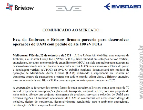 Embraer: Eve e Bristow firmam parceria para desenvolver até 100 eVTOLs