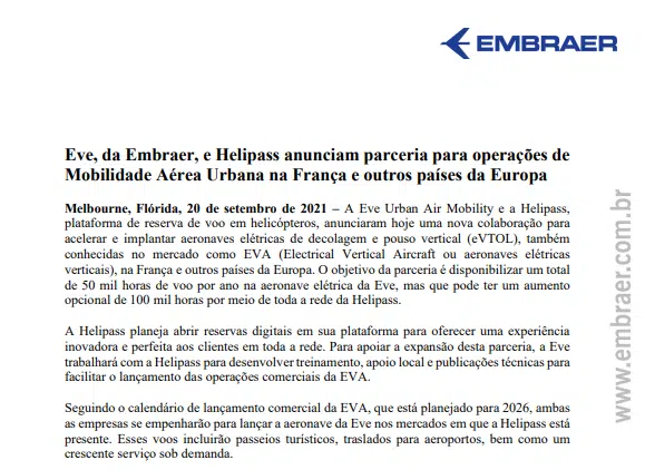 Embraer: Eve e Helipass anunciam parceria na França e outros países da Europa