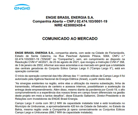 Engie informa que totalidade do Conjunto Eólico Campo Largo II está em operação comercial