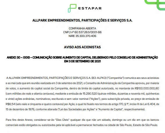 Estapar aumenta capital privado em 15 milhões de ações ordinárias 