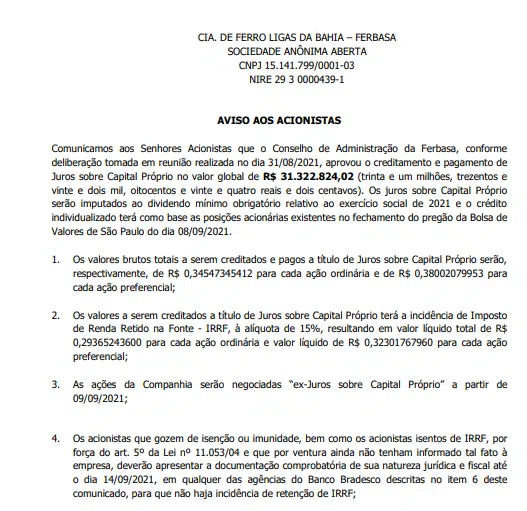 Ferbasa anuncia pagamento de R$31 mi em juros sobre capital próprio