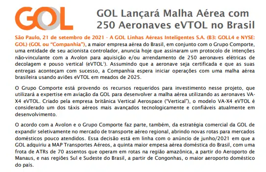 GOL Lançará Malha Aérea com 250 Aeronaves eVTOL no Brasil