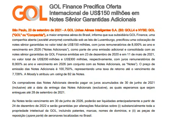 GOL Finance precifica oferta Internacional de US$150 mi em Notes Sênior 