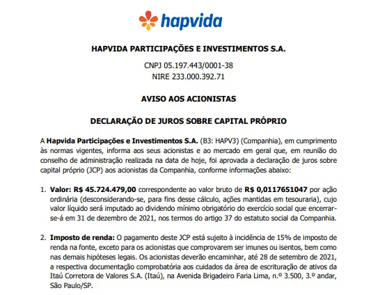 Hypera anuncia pagamento de R$45,7 mi em juros sobre capital próprio