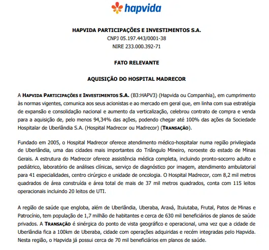 Hapvida anuncia aquisição do Hospital Madrecor de Uberlândia 