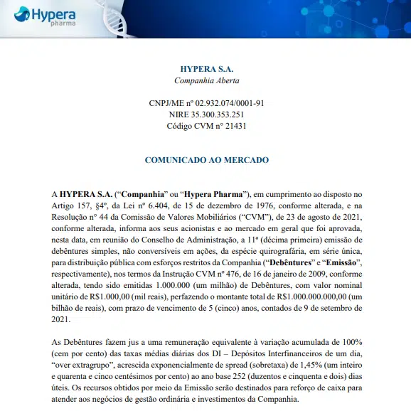 Hypera anuncia 11ª emissão de debêntures no montante de R$1 bi