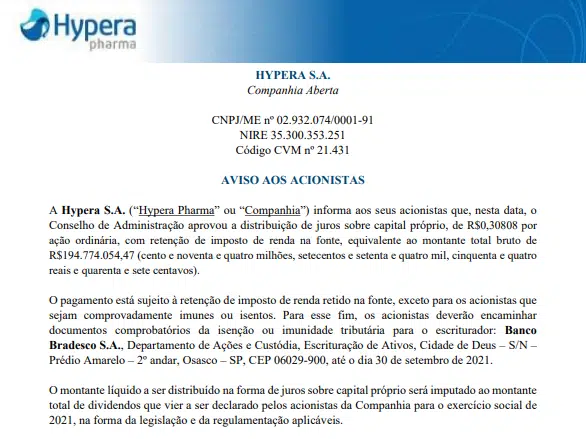 Hypera anuncia pagamento de R$195 mi em juros sobre capital próprio 