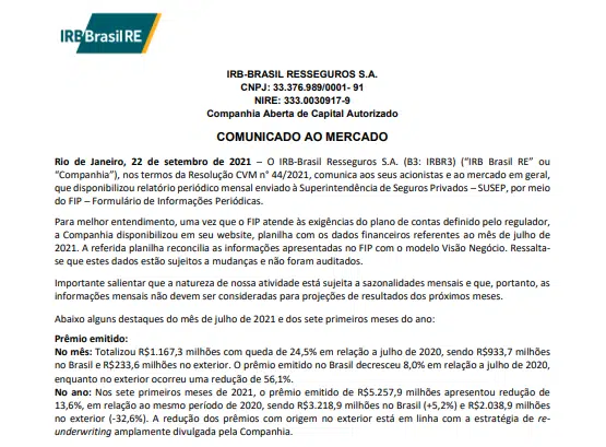 IRB Brasil: Emissão de prêmios soma R$1,167 bi, recuo de 24,5% na base anual