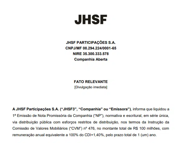 JHSF liquida 1ª emissão de nota promissória no valor de R$100 mi