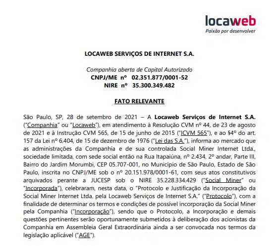 Locaweb informa sobre protocolo de justificação para incorporação da Miner