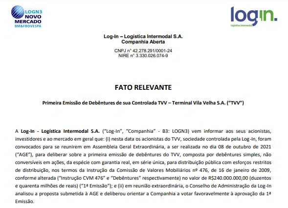 Log-In informa que sua controlada TVV fará 1ª emissão de debêntures