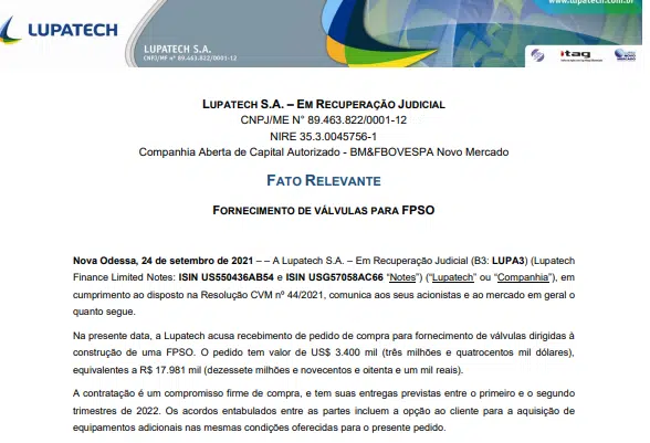 Lupatech recebe encomenda de US$3,4 mi para produzir válvulas para FPSO