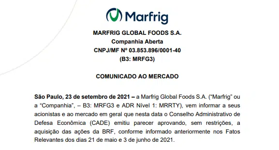 Cade aprova a aquisição de ações da BRF pela Marfrig