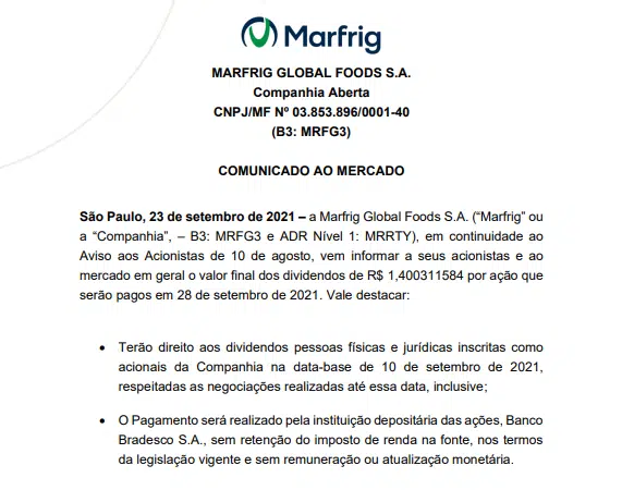 Marfrig anuncia pagamento de dividendos em 28 de setembro
