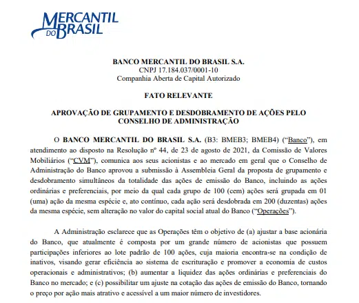 Banco Mercantil do Brasil aprova grupamento e desdobramento de ações 