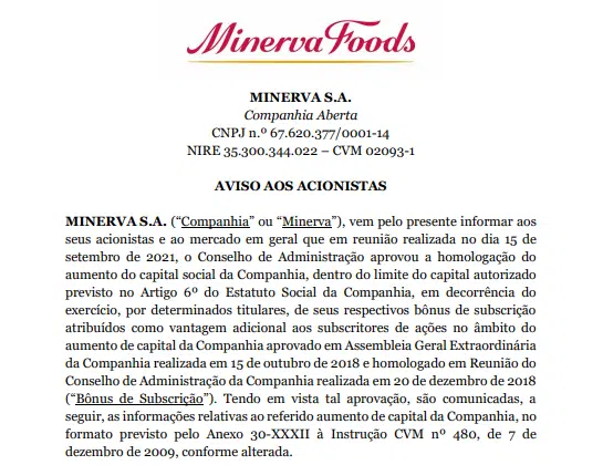Minerva Foods anuncia aumento de capital por subscrição privada