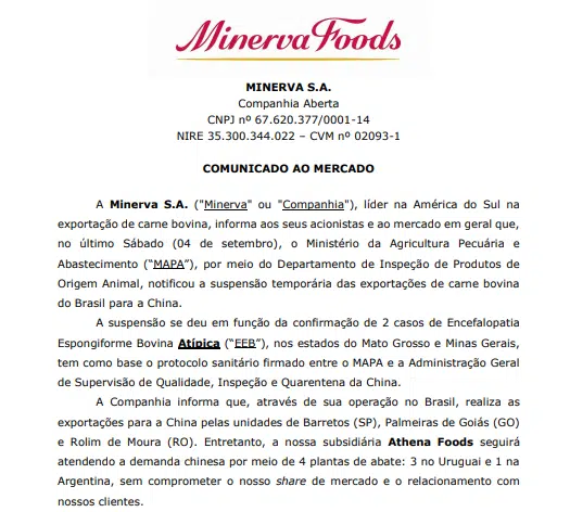 Minerva Foods informa que subsidiária Athena Foods continua atendendo a China
