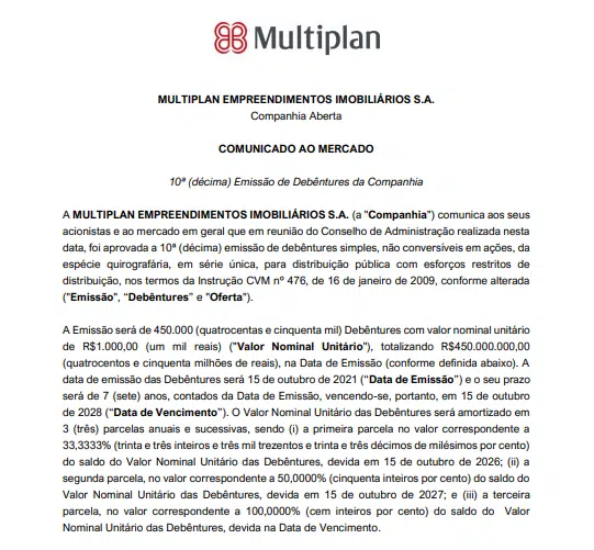 Multiplan aprova 10ª emissão de debêntures simples e não conversíveis 