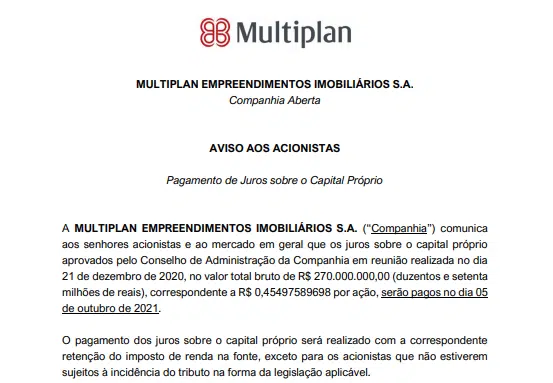 Multiplan vai pagar R$270 mi em juros sobre o capital próprio
