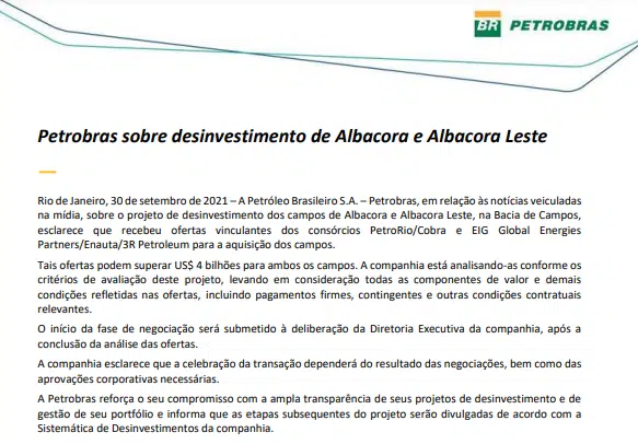Petrobras recebe proposta por Albacora e Albacora Leste
