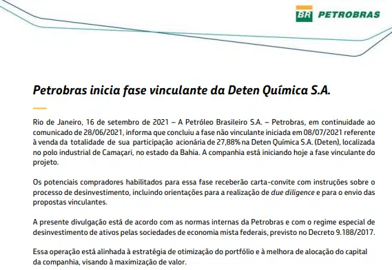Petrobras inicia fase vinculante da Deten Química S.A.