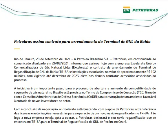 Petrobras assina contrato para arrendamento do Terminal de GNL da Bahia