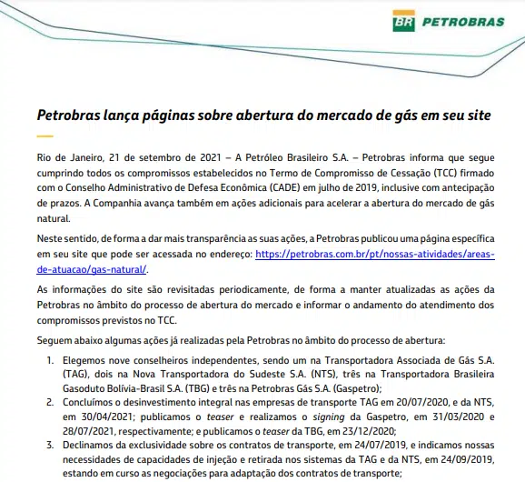 Petrobras lança páginas sobre abertura do mercado de gás em seu site