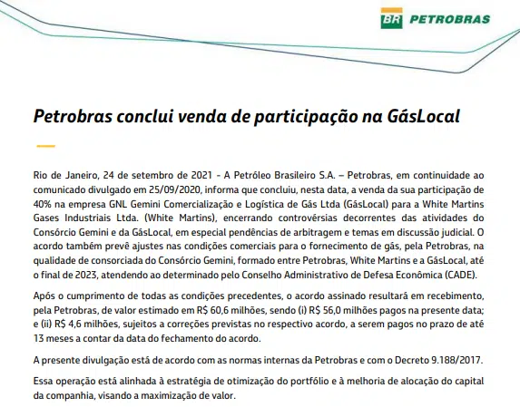 Petrobras conclui venda de participação na GásLocal