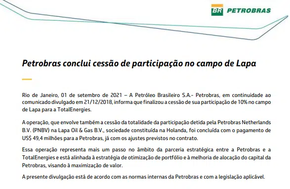 Petrobras conclui cessão de participação no campo de Lapa