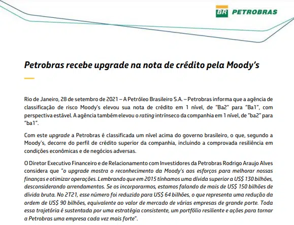 Moody’s concede upgrade à nota de crédito da Petrobras