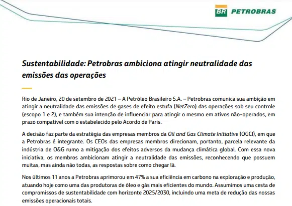Petrobras pretende atingir neutralidade das emissões das operações