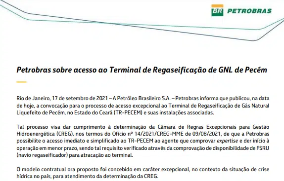Petrobras convoca para o processo de acesso excepcional TR-PECEM