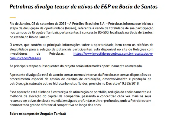 Petrobras anuncia intenção de venda de sua participação nos campos de Uruguá e Tambaú