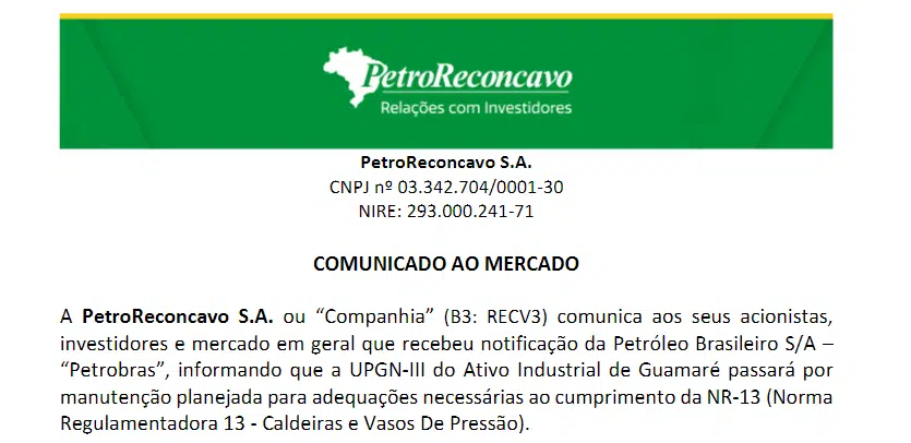 PetroRecôncavo informa que ativo industrial de Guamaré passará por manutenção planejada
