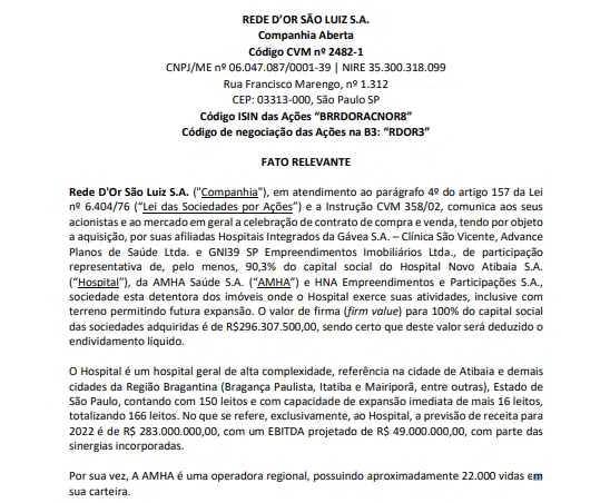 Rede D’Or adquire o Hospital Novo Atibaia, AMHA Saúde, e HNA Empreendimentos