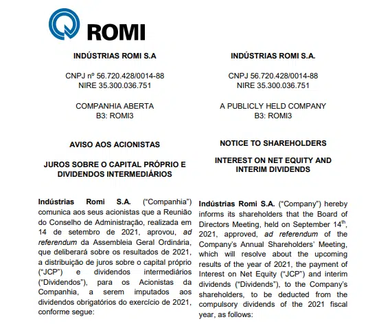 Indústrias Romi anuncia pagamento de dividendos e juros sobre capital próprio 