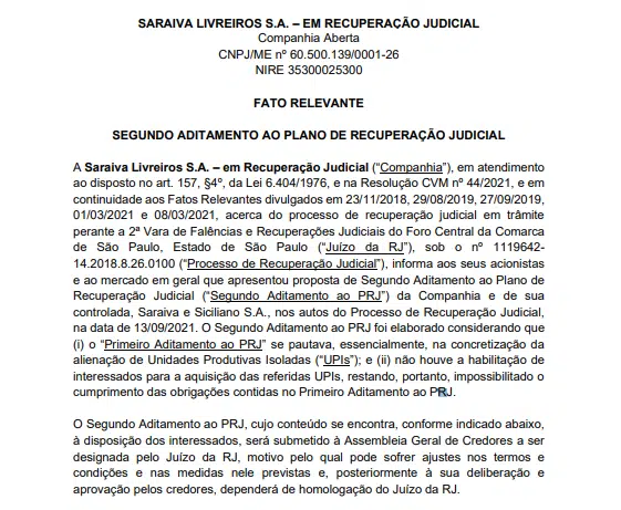 Saraiva apresenta proposta para segundo aditamento ao plano de recuperação judicial