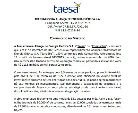 Taesa conclui empreendimento Janaúba Elétrica e prevê R$213,6 mi de RAP