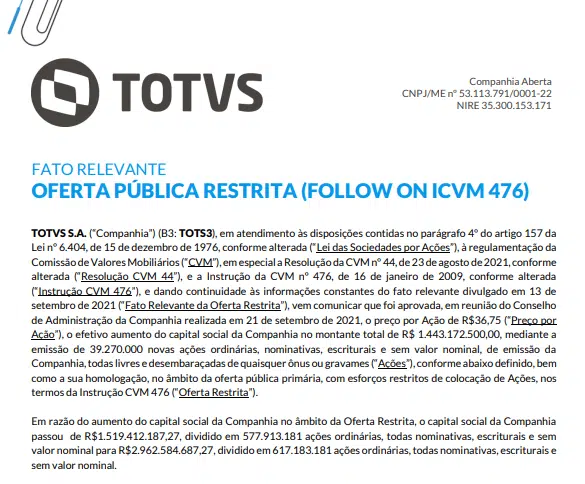 Totvs: Preço por ação de follow on é aprovado em R$ 36,75