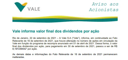 Vale informa valor final dos dividendos por ação; BofA corta recomendação para ADR
