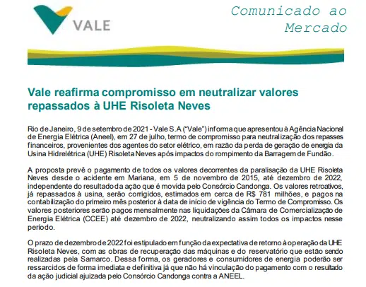 Vale reafirma compromisso em neutralizar valores repassados à UHE Risoleta Neves