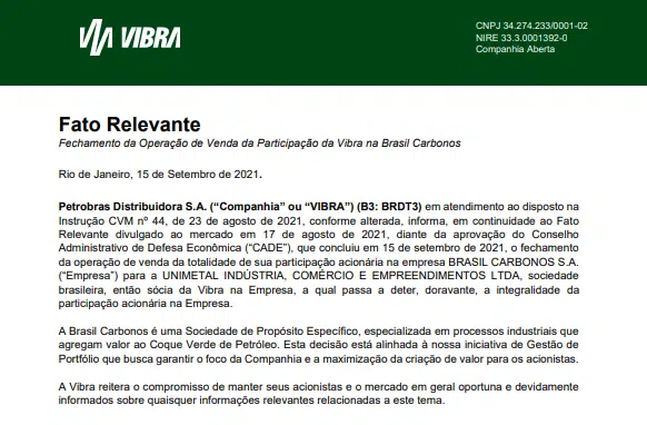 Vibra, ex-BR, conclui venda de sua parte na Brasil Carbono para a Unimetal