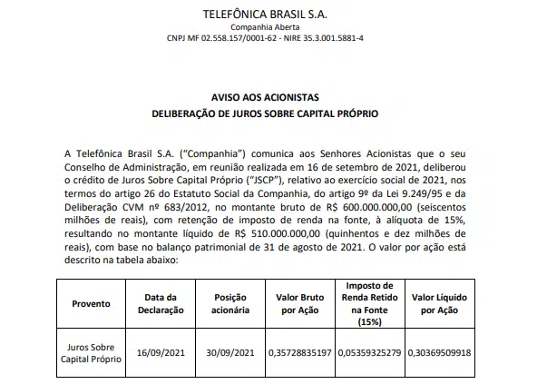 Vivo anuncia pagamento de juros sobre capital próprio no montante de R$600 mi