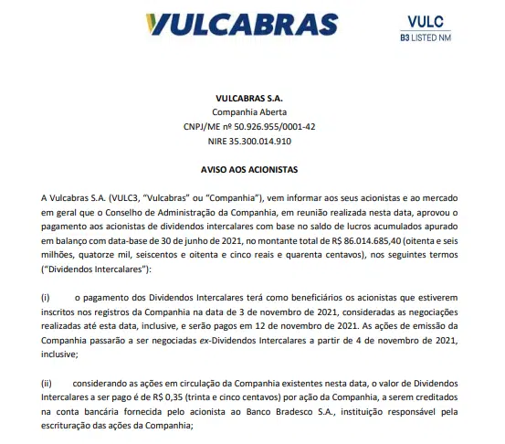 Vulcabras anuncia pagamento de R$86 mi em dividendos intercalares 