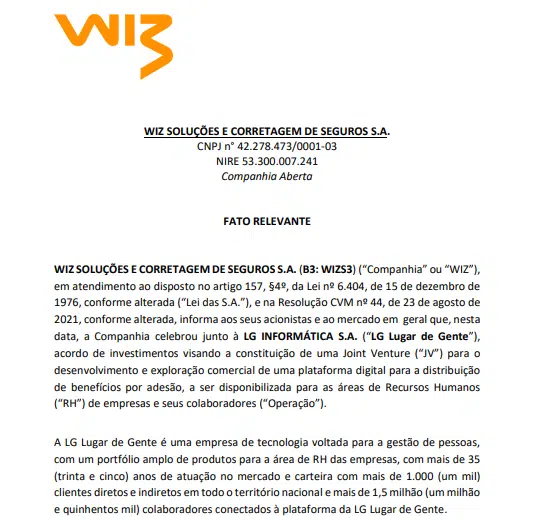 Wiz celebra acordo de investimento para formar Joint Venture com LG Lugar de Gente