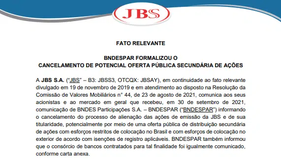 JBS informa cancelamento de potencial oferta pública secundária de ações
