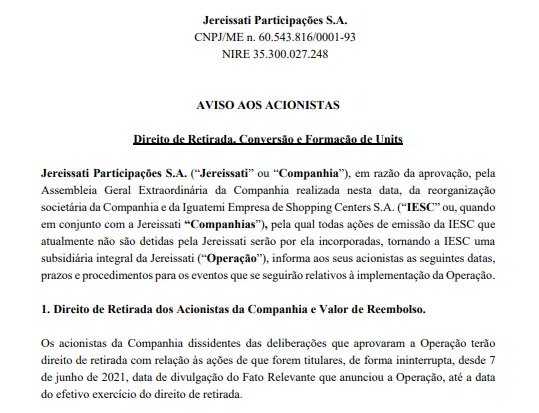Jereissati Participações anuncia reorganização societária da Iguatemi Shopping