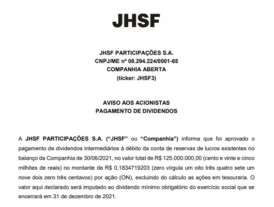 JHSF anuncia pagamento de R$125 mi em dividendos intermediários 