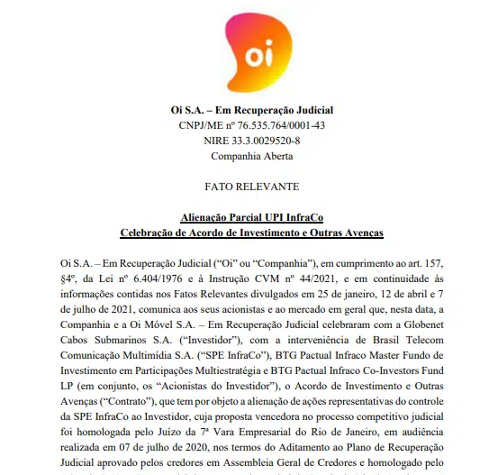 Oi e Globonet Cabos celebram acordo de investimento da SPE InfraCo
