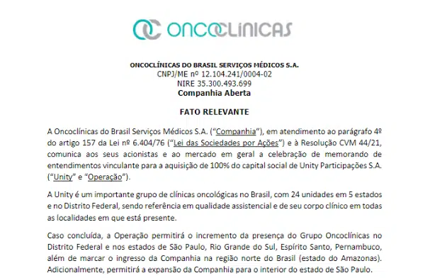 OncoClínicas adquire grupo de clínicas oncológicas Unity por R$558 mi